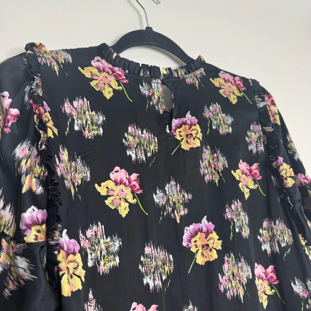 Needle & Thread Black Floral Ruffle Long Sleeve Mini Dress Size 10 Dark Romantic